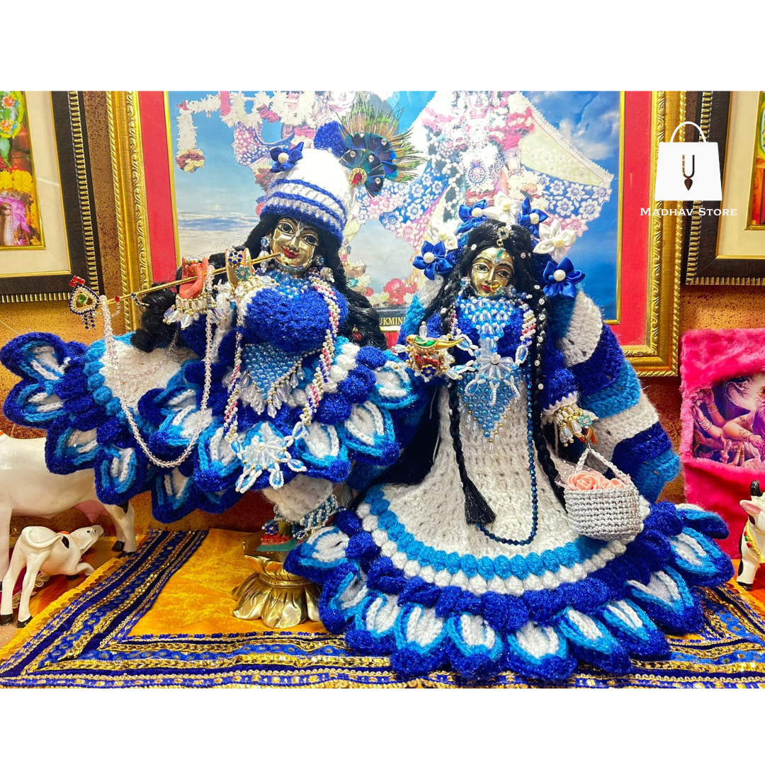 Blue & White Hand Stiched woolen Winter Special Dress for Radha Krishna
