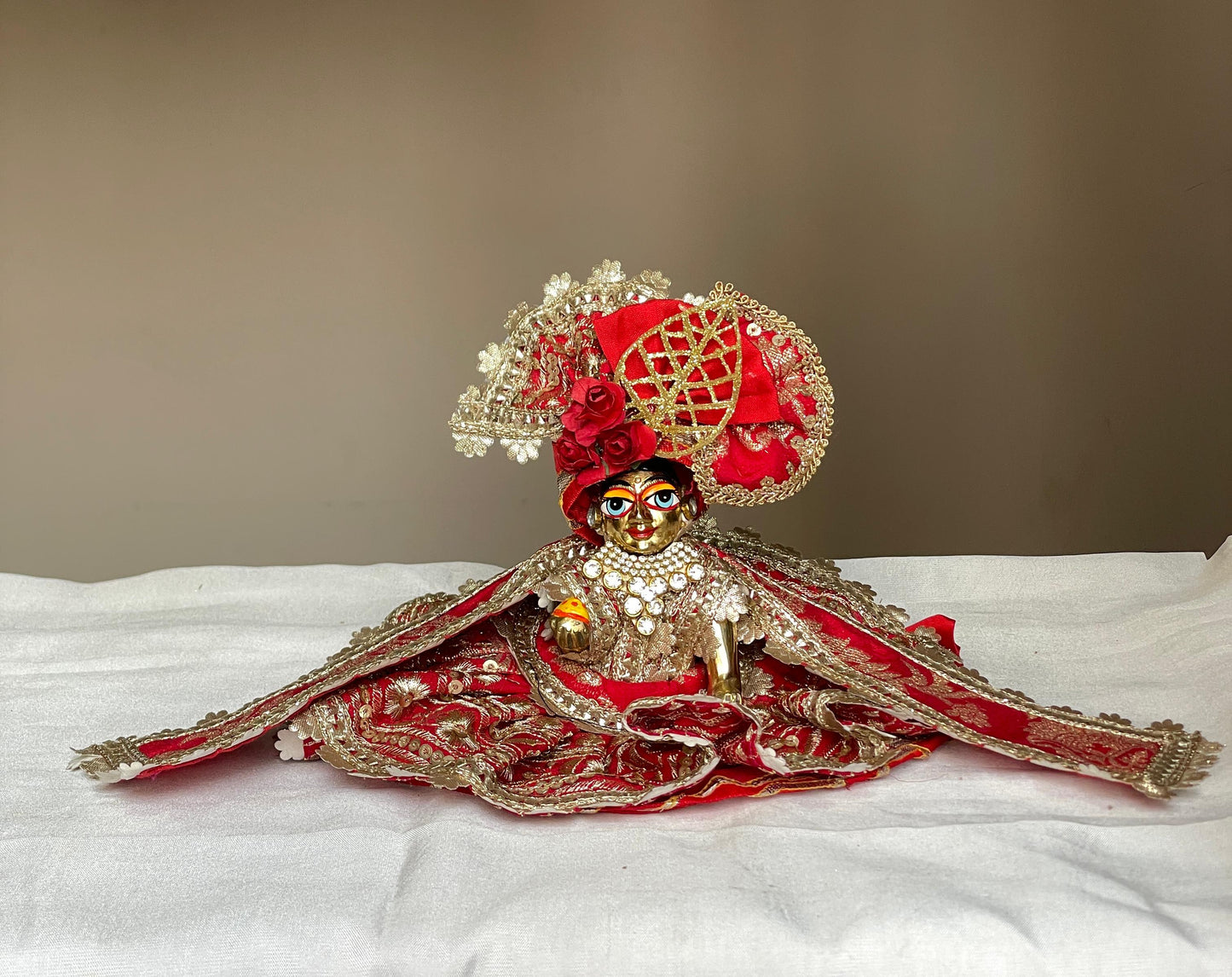 The Lal Ratna Brocade Set Poshak with heavy pagdi for Laddu Gopal