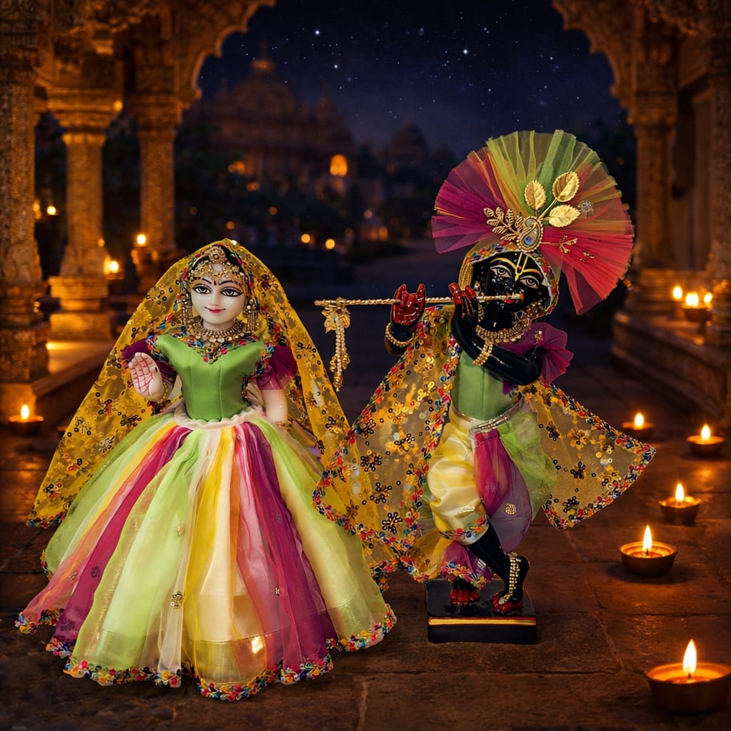 Vraja-Ratna Zari Premium Silk Holi Poshak | Holi special silk hand embroidery heavy dress for Radha Krishna with heavy Pagdi
