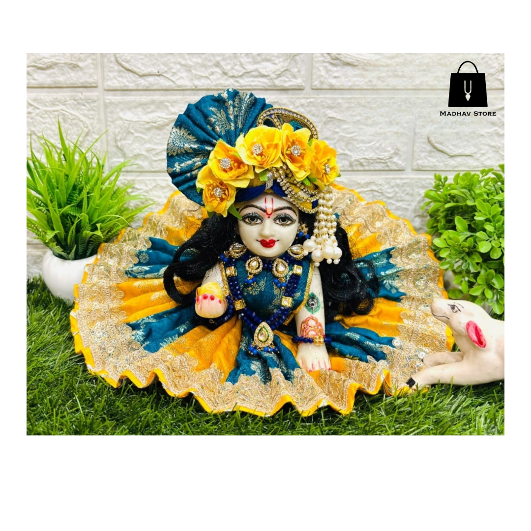 Blue & Yellow Silk Janmashtami Dress with heavy Pagdi for Laddu Gopal