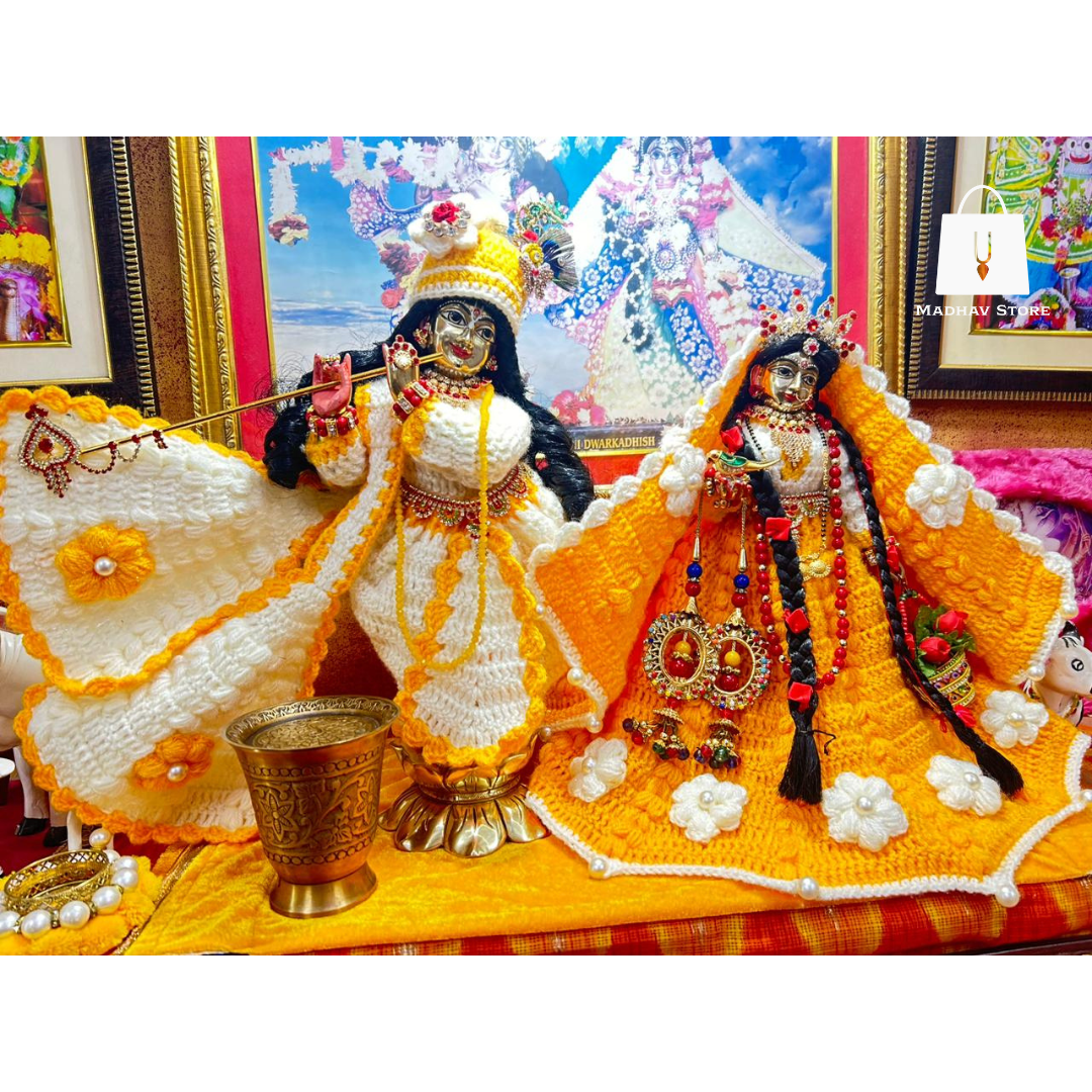 Yellow & White Hand Stiched woolen Winter Special Dress for Radha Krishna