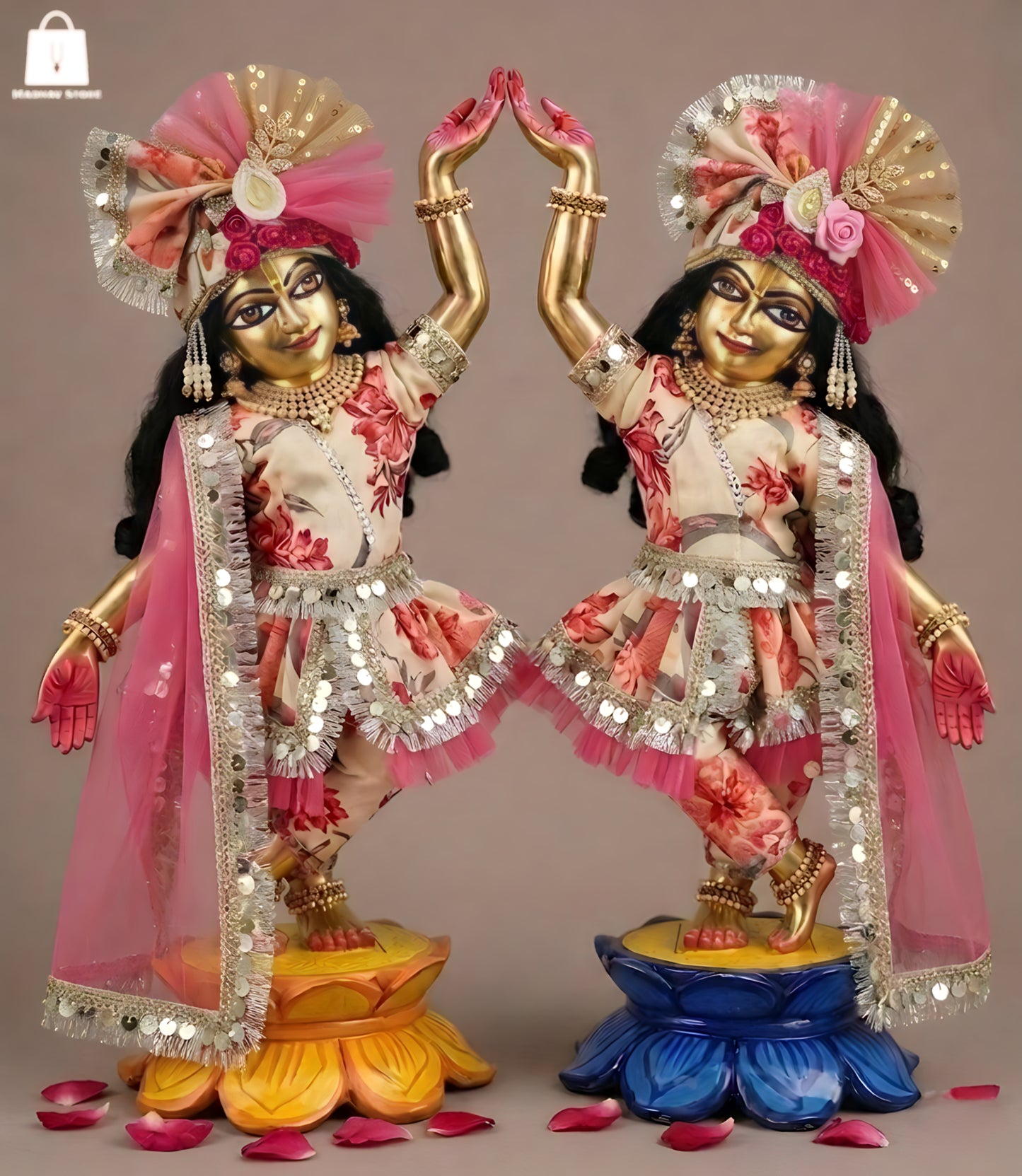 Blushing Floral Designer Premium Cotton dress set for Gaura Nitai with heavy Turban