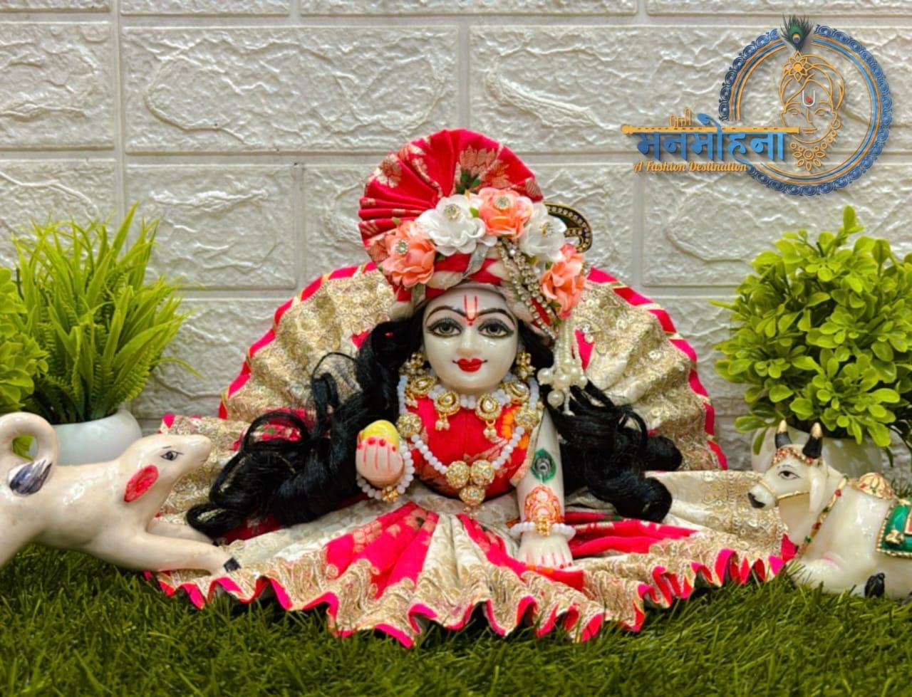 Red & Golden Silk Janmashtami Dress with heavy Pagdi for Laddu Gopal