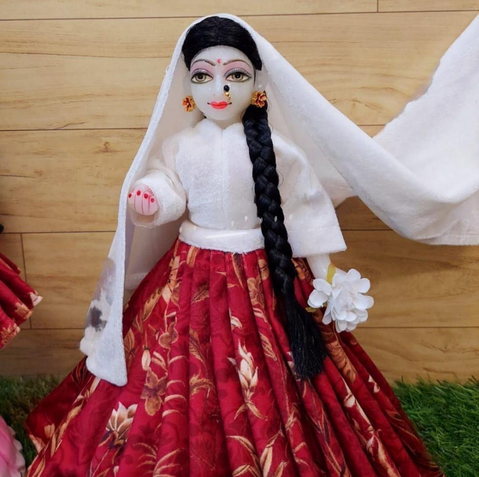White & Red Winter Attire for Radha Krishna