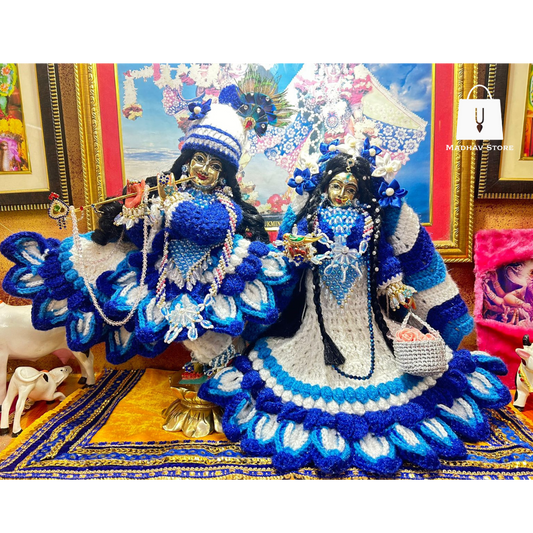 Blue & White Hand Stiched woolen Winter Special Dress for Radha Krishna