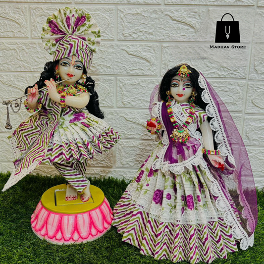 Purple & White Summer Special Dress for Radha Krishna with Pagdi