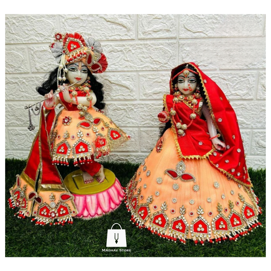 Peach & Red Janmashtami special heavy dress for Radha Krishna with heavy Pagdi