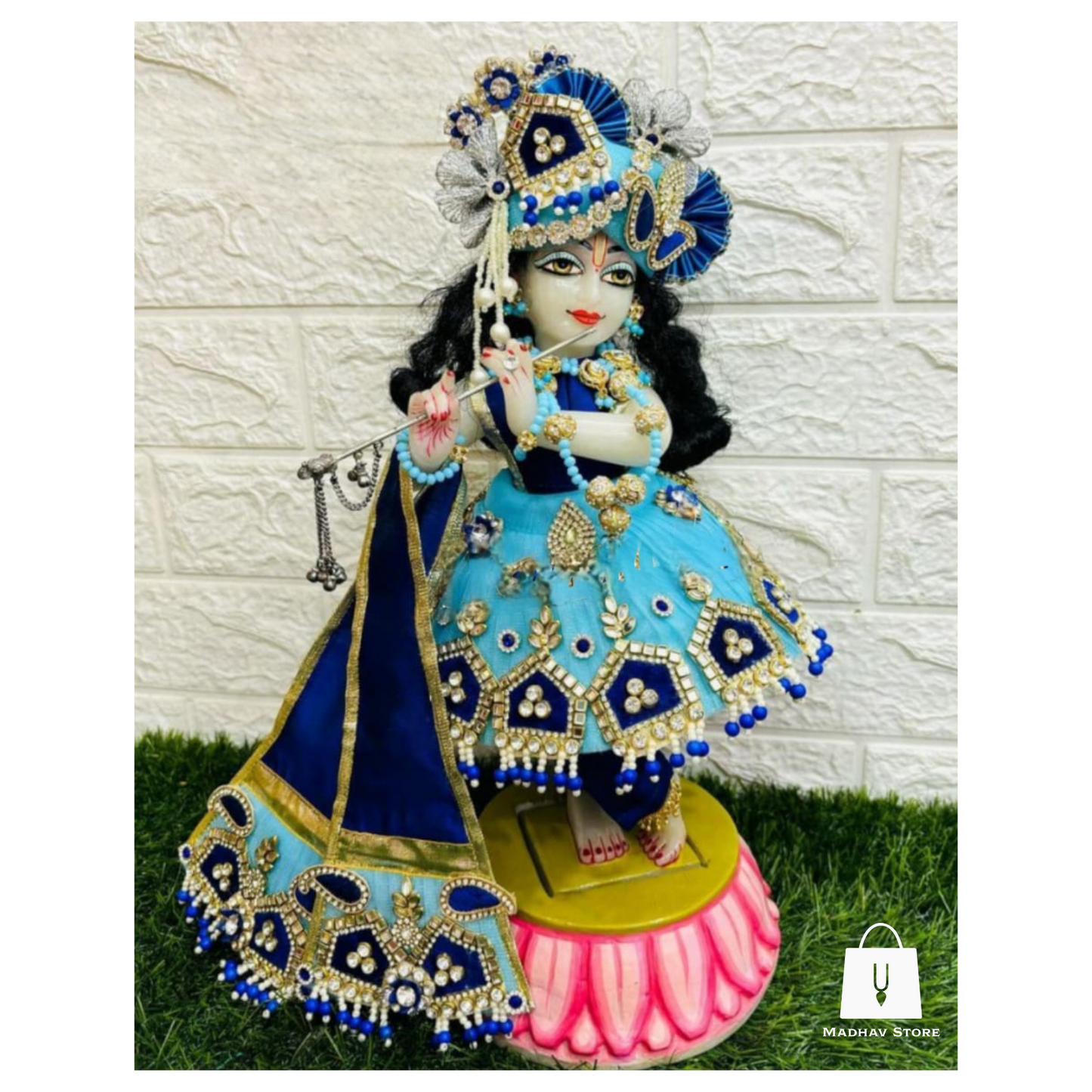 Sky & Navy Blue Janmashtami special heavy dress for Radha Krishna with heavy Pagdi