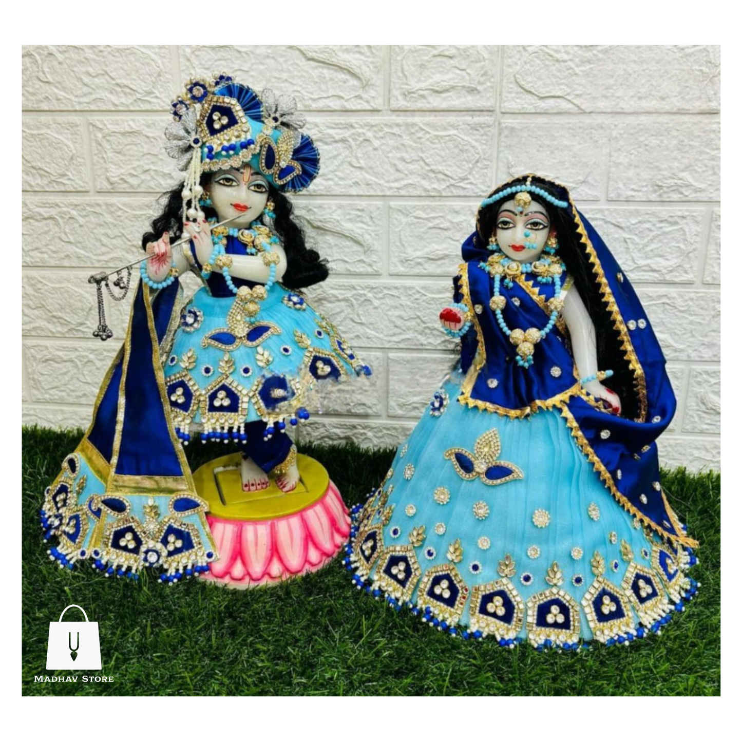 Sky & Navy Blue Janmashtami special heavy dress for Radha Krishna with heavy Pagdi