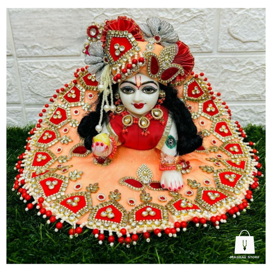 Peach & Red heavy Janmashtami Dress with heavy Pagdi for Laddu Gopal