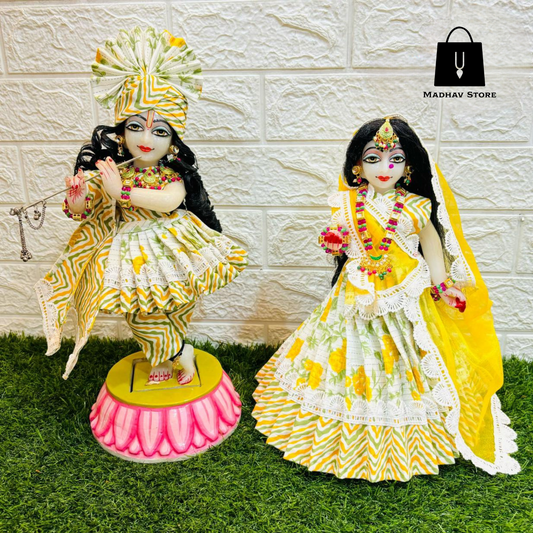 Yellow & White Summer Special Dress for Radha Krishna with Pagdi