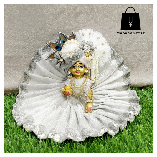 Shimmering White Sharad Purnima special Dress with heavy Pagdi for Laddu Gopal