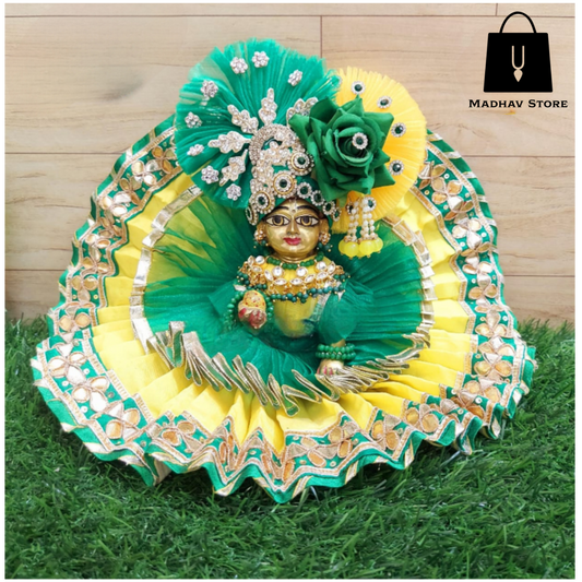 Green & Yellow Silk Dress with heavy Pagdi for Laddu Gopal
