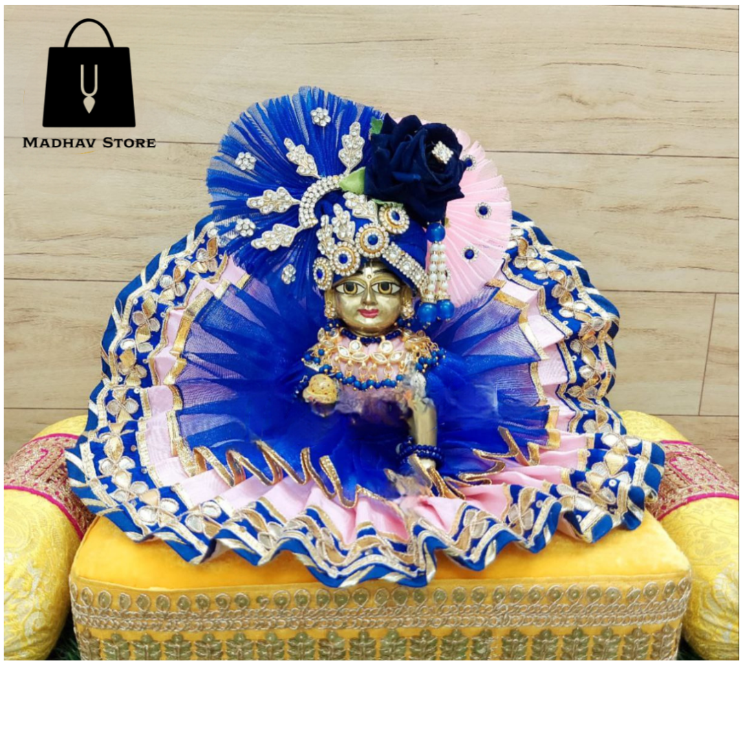 Blue & Pink Silk Dress with heavy Pagdi for Laddu Gopal