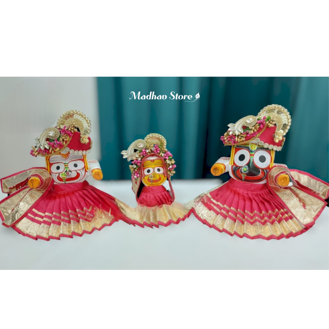 Red Silk Dress for Jagannath Baldeva Subhadra with Pagdi & Chandrika