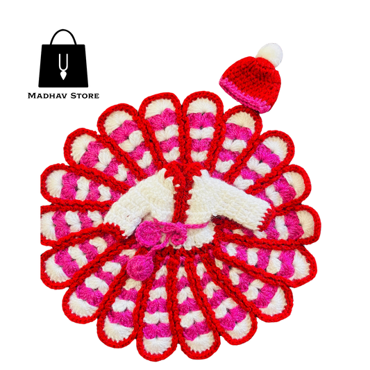 Red & White Hand stitched woolen Winter Special Dress for Laddu gopal