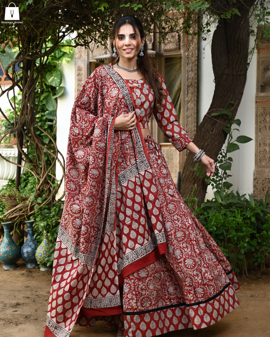 Red Gopi Dress With Black and Cream Colour Print