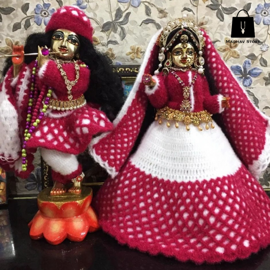 Pink & White Hand Stiched woolen Winter Special Dress for Radha Krishna