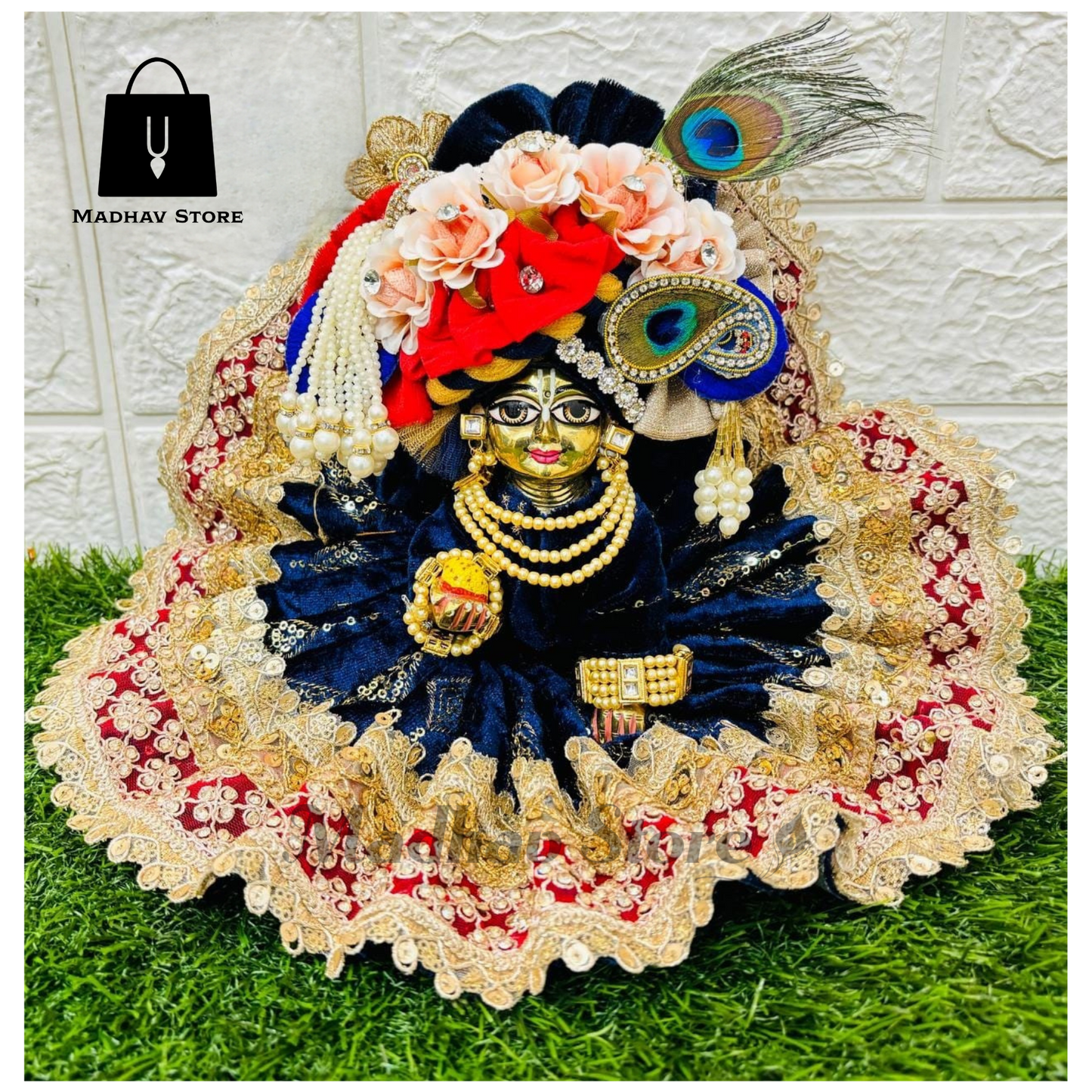 Navy Blue & Golden Heavy Velvet Dress with heavy Pagdi for Laddu Gopal