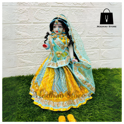 Yellow & Blue Malabari Silk Dress for Radha Krishna with heavy Pagdi