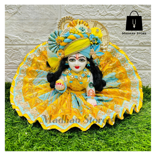 Yellow & Sky Blue Malabari Silk Dress with heavy Pagdi for Laddu Gopal