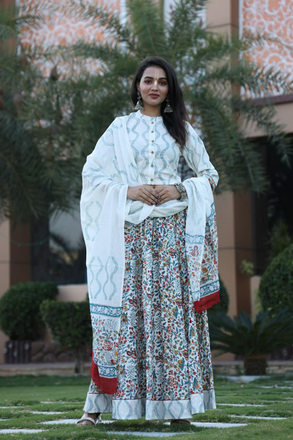 Floral White Gopi Dress With Maroon Border Dupatta