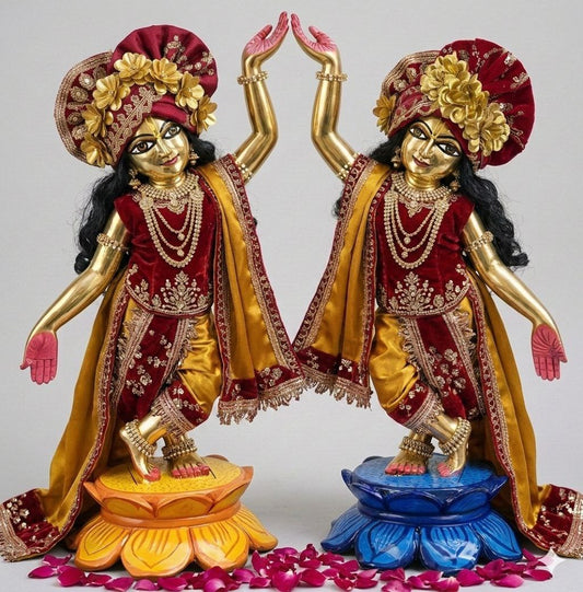 Golden Rakta Utsav | silk velvet hand embroidery heavy dress for Gaura Nitai with heavy Pagdi