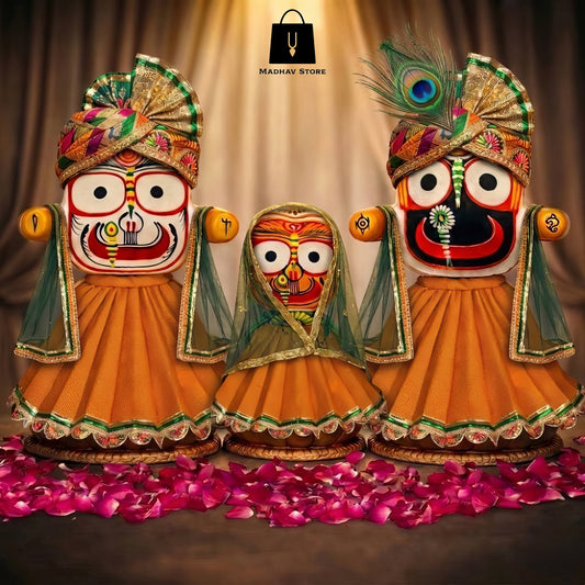Royal Kesariya Grace | Premium Silk Dress with Turbans and Chandrika for Jagannath Baladeva Subhadra