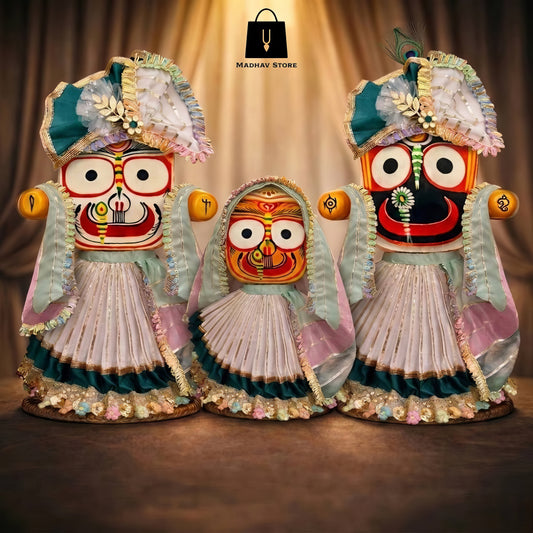 Komal Pastel Shringar | Festival special Premium Silk Dress with Turbans and Chandrika for Jagannath Baladeva Subhadra