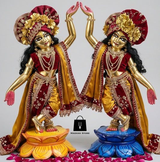 Golden Rakta Utsav | silk velvet hand embroidery heavy dress for Gaura Nitai with heavy Pagdi