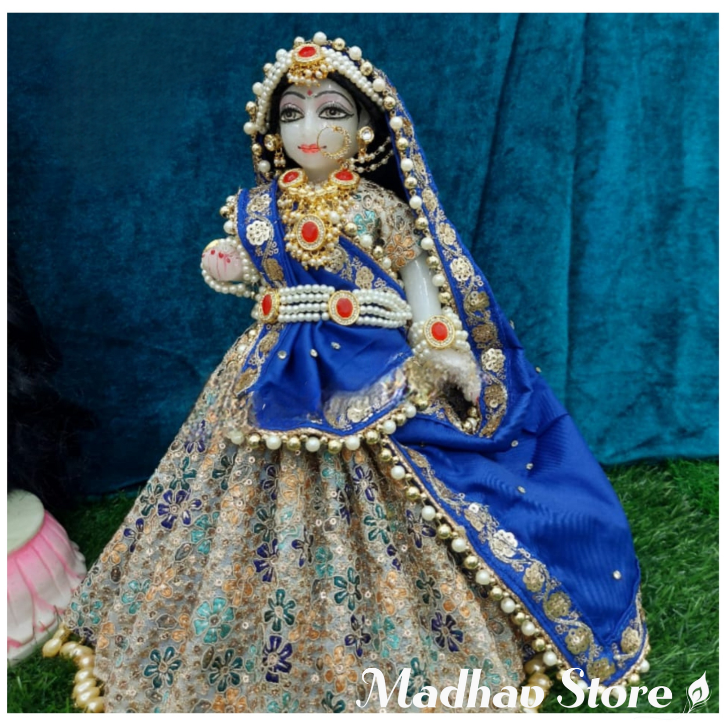 Blue Royal Pearl Georgette Hand Embroidery Radhashtami special Dress for Radha Krishna with Pagdi