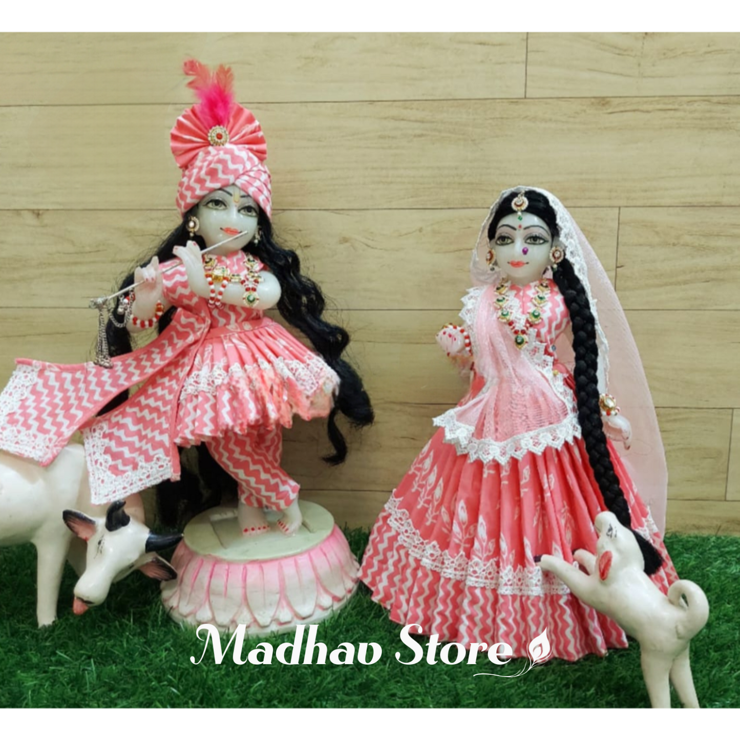 Candy Pink Summer Special Dress for Radha Krishna with Feather Pagdi