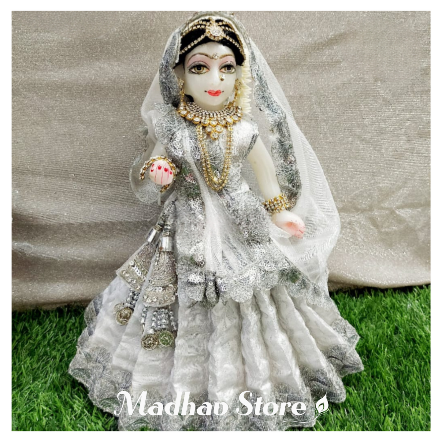 White crystal Sharad Purnima special Dress for Radha Krishna with Pagdi