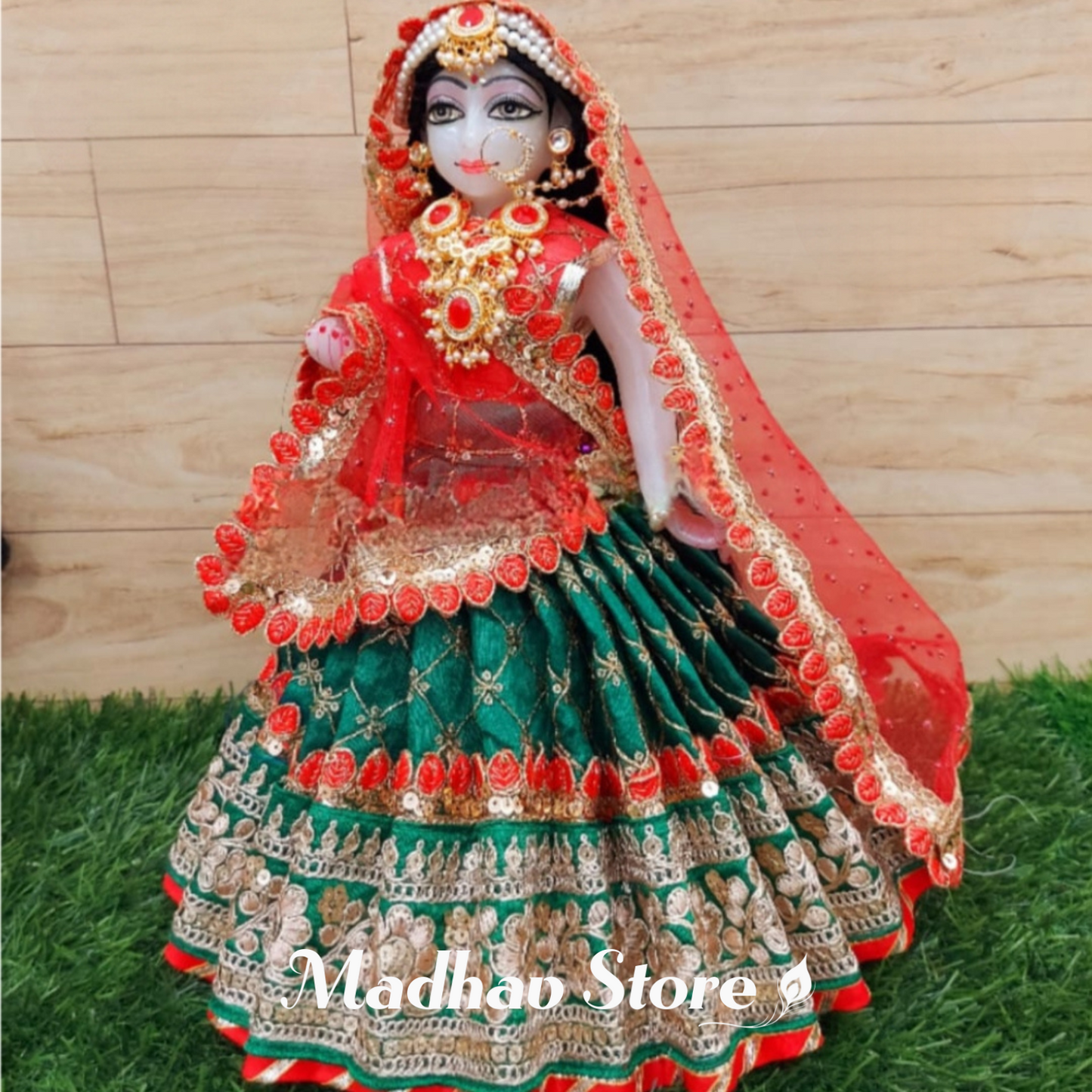 Red & Green Silk Radhashtami special Dress for Radha Krishna with Pagdi