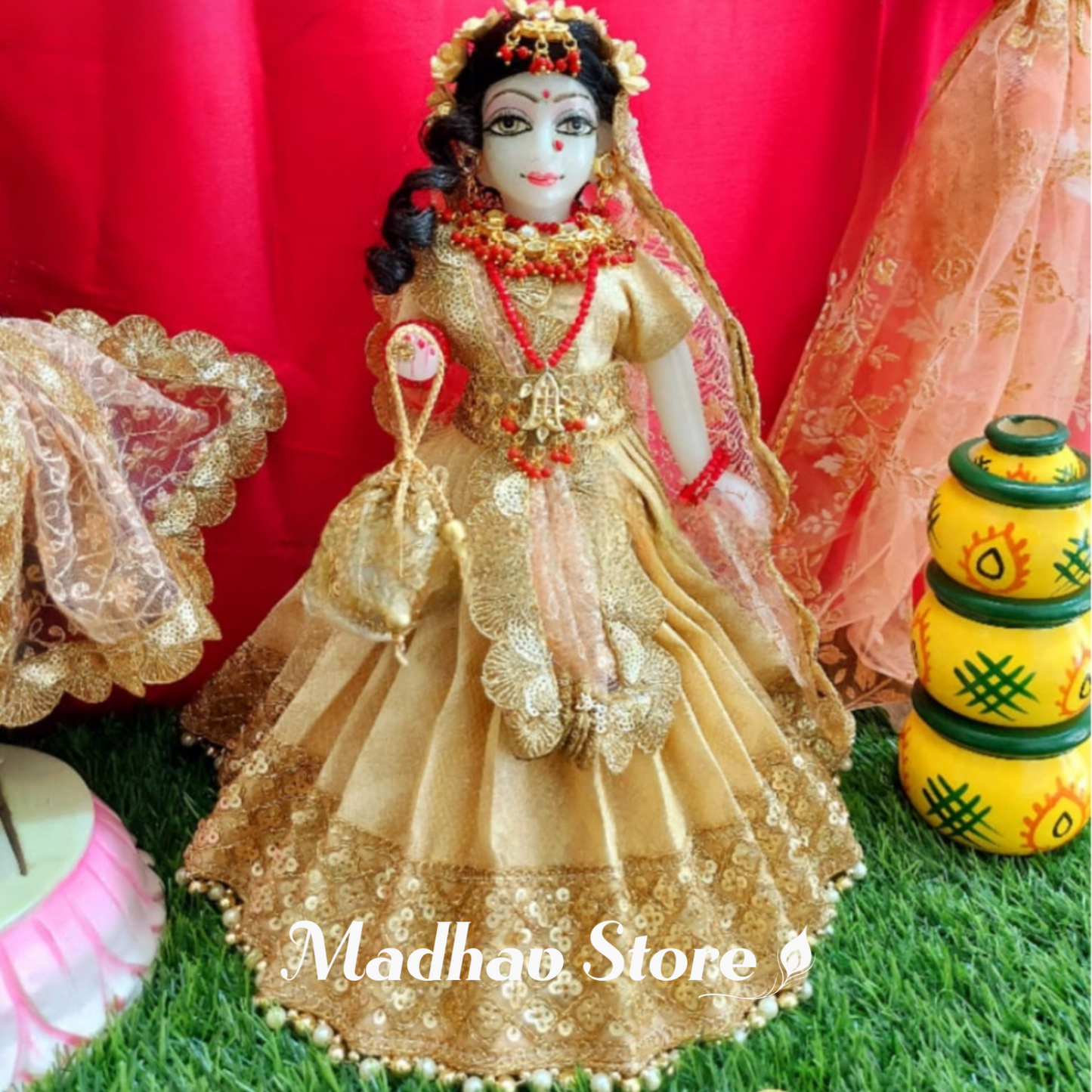 Golden Banarasi Silk Radhashtami special Dress for Radha Krishna with Pagdi