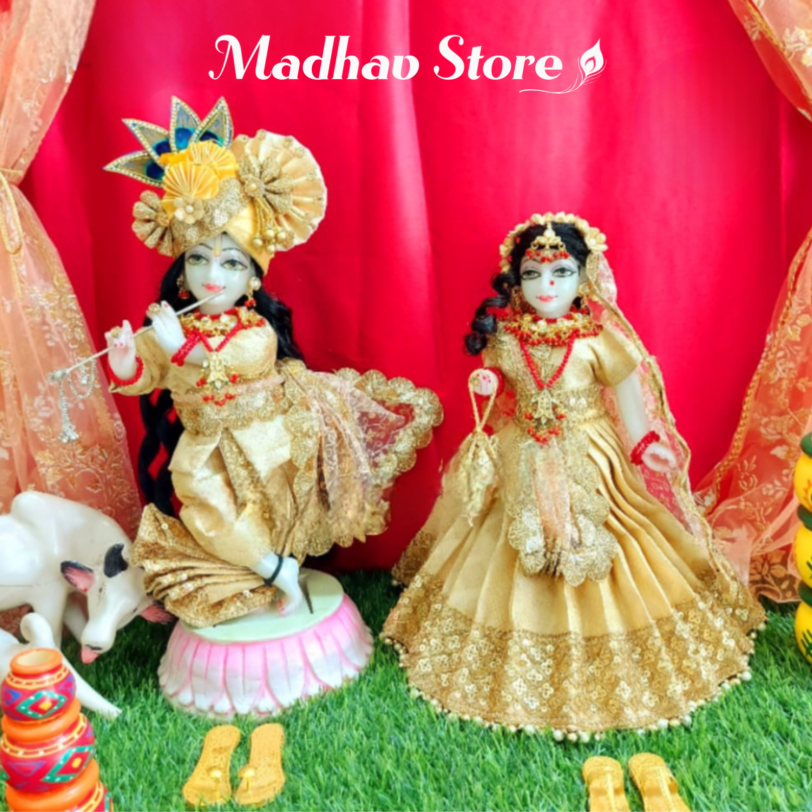 DAU JI DAMODAR LATEST DESIGNED ISKCON STYLED DRESS FOR YUGAL JODI BHAGWAN  JI RADHA KRISHNA (Grey)(set of 01 dress of Krishna ji and 01 dress of Radha  ji) (For 10 inch Murti) :