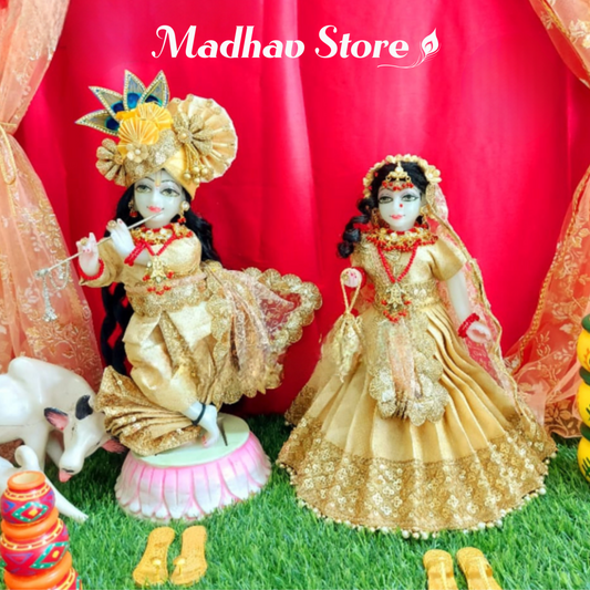 Golden Banarasi Silk Janmashtami special Dress for Radha Krishna with Pagdi