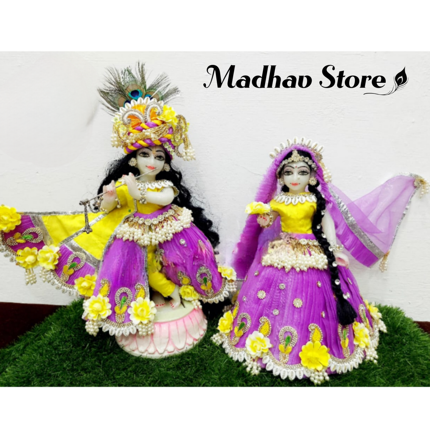 Pink & Yellow Janmashtami special Dress for Radha Krishna with Pagdi & Chandrika