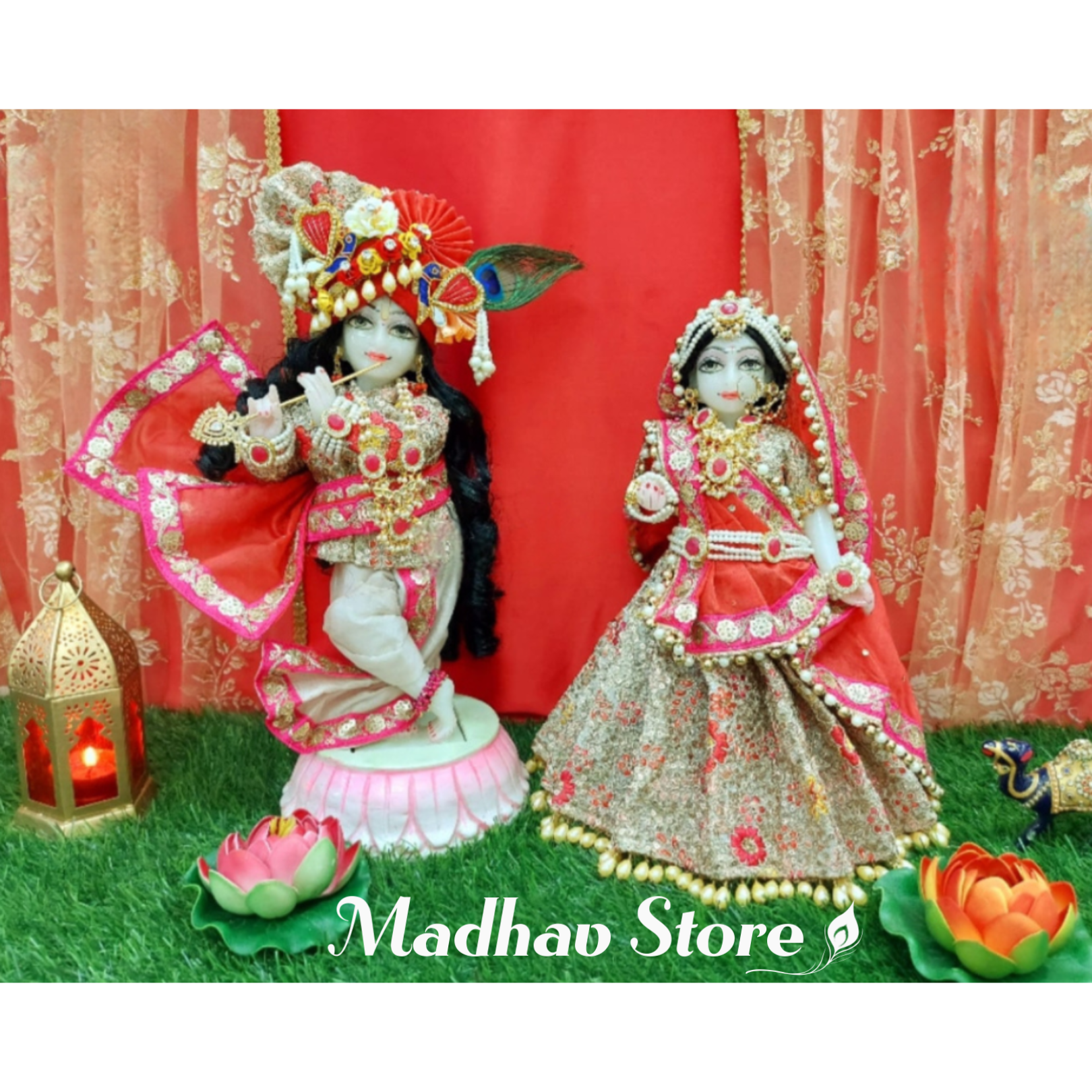 DAU JI DAMODAR LATEST DESIGNED JANMASHTAMI SPECIAL DRESS FOR YUGAL JODI  BHAGWAN JI RADHA KRISHNA(Pink)(set of 01 dress of Krishna ji and 01 dress  of Radha ji) (For 20 inch Murti) :