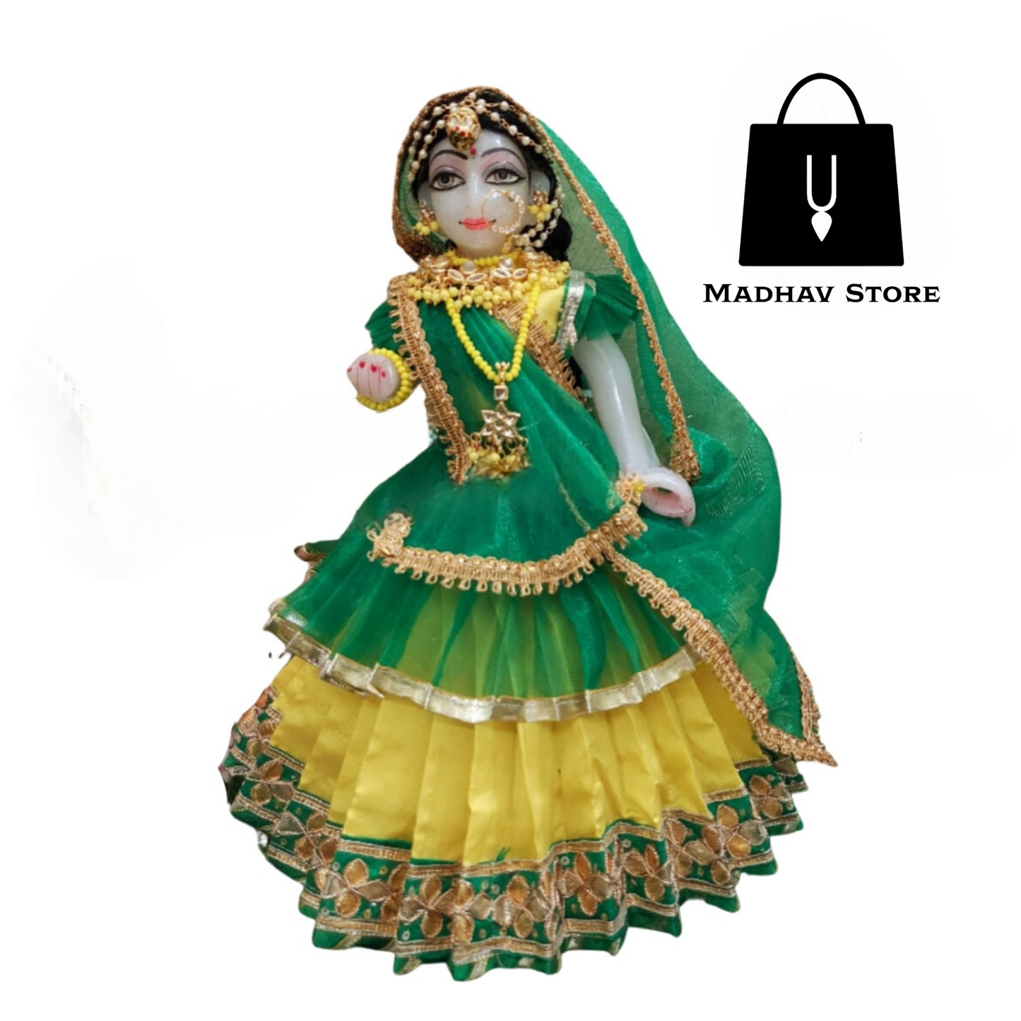 Green & Yellow Silk with net Dress for Radha Krishna with Pagdi