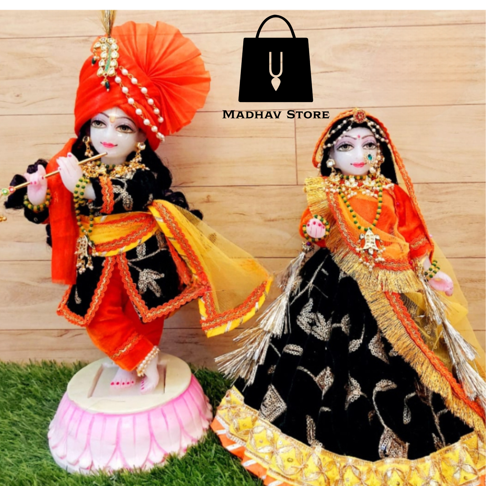 8 Inches Lord Radha Krishna Metal Deity / Statue ( Krishna-Black,  Radharani-Blue, Pink-Brown Pink Dress ) - Hare Krishna Solutions