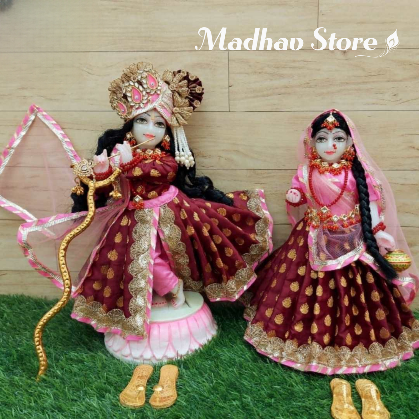 Pink & Maroon Banarasi Silk Dress for Radha Krishna