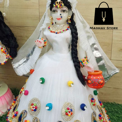 Holi Morpankh theme Beautiful White Dress for Radha Krishna with heavy Pagdi