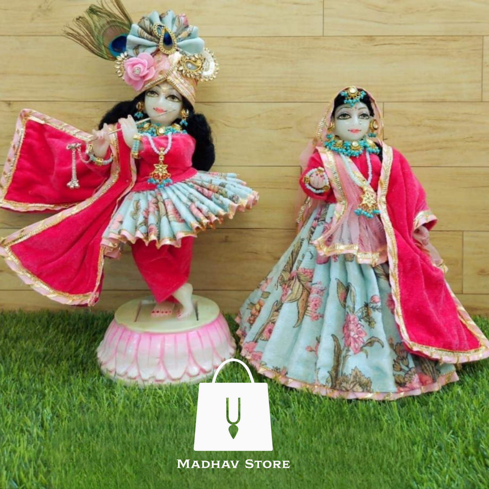 18 Inches ISKCON White Radha Krishna Marble Statue With Pink white flower  style dress Clothes-Jewellery Pure Handmade Buy Online - Murtiya