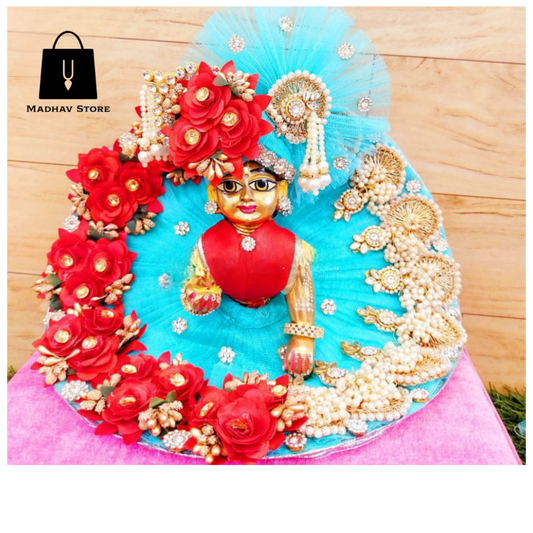 Sky Blue Jhumka & Folwers Dress with heavy pagdi for Laddu Gopal