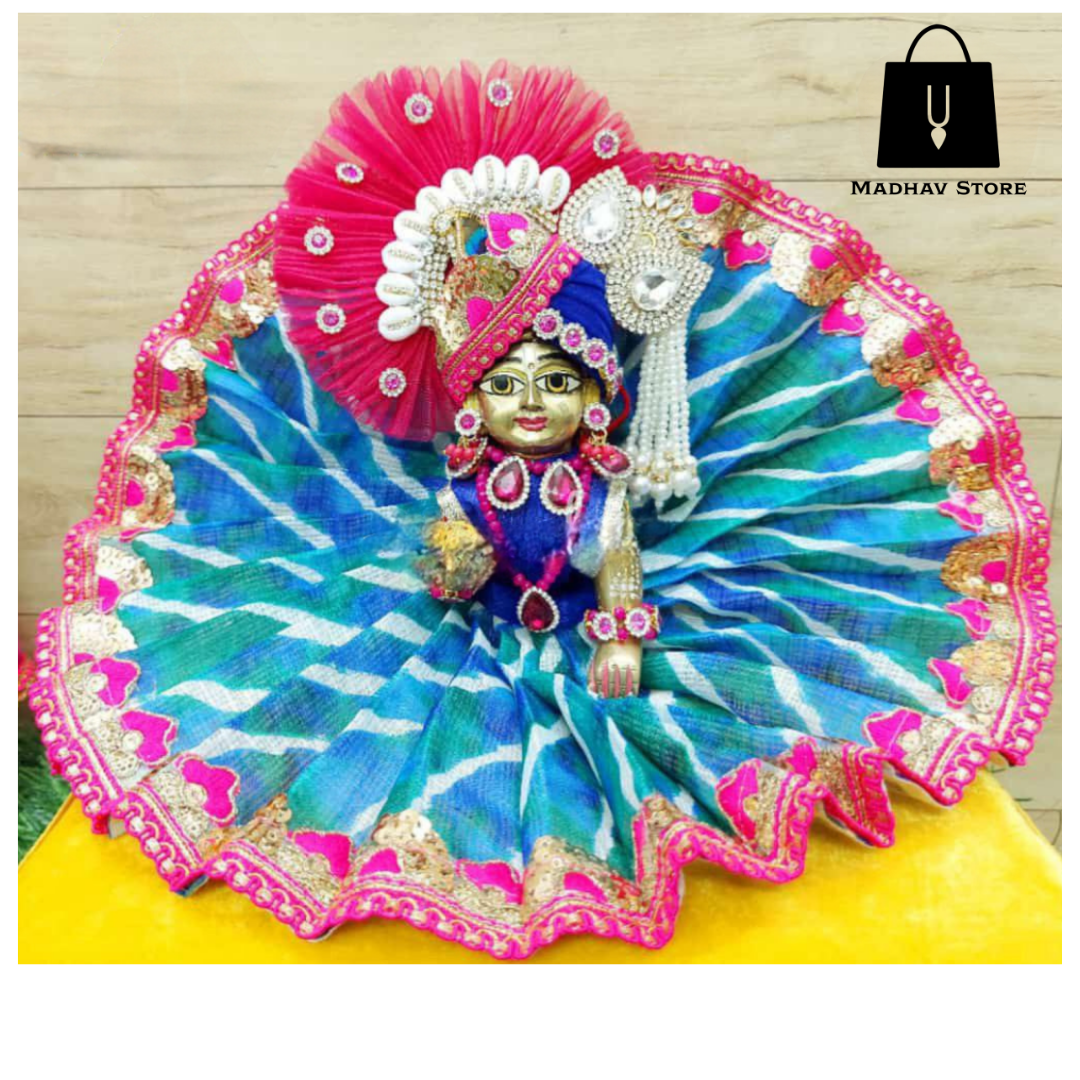 Blue & Pink Kota Doria Silk Dress with pagdi for Laddu Gopal