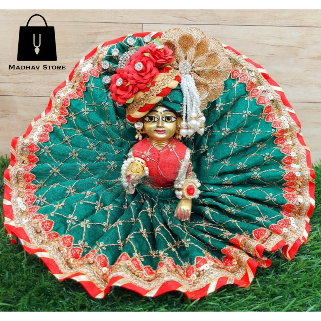 Red & Green Malabari Silk Dress with heavy Pagdi for Laddu Gopal