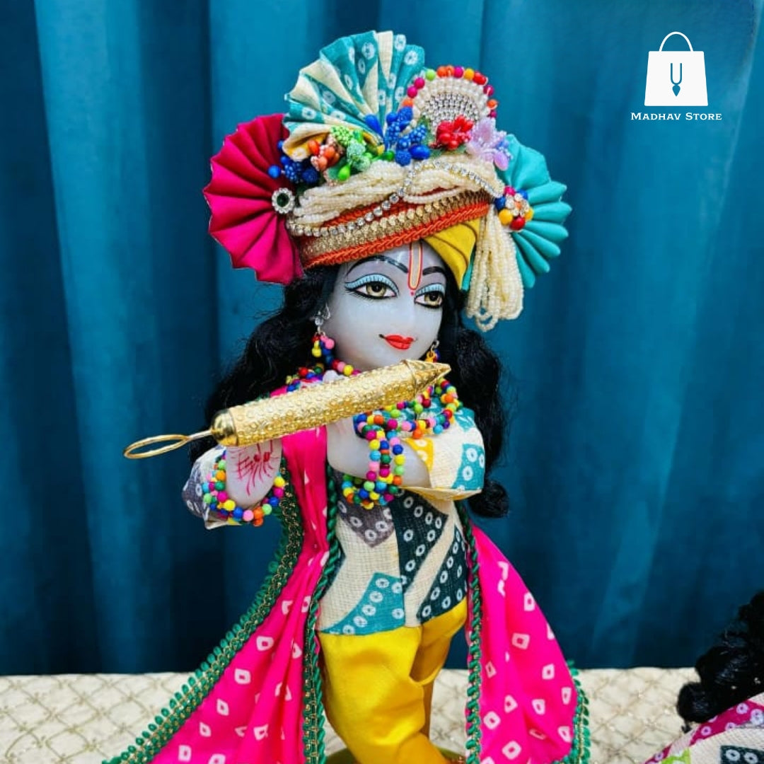 Colourful Holi Dress for Radha Krishna with Pagdi