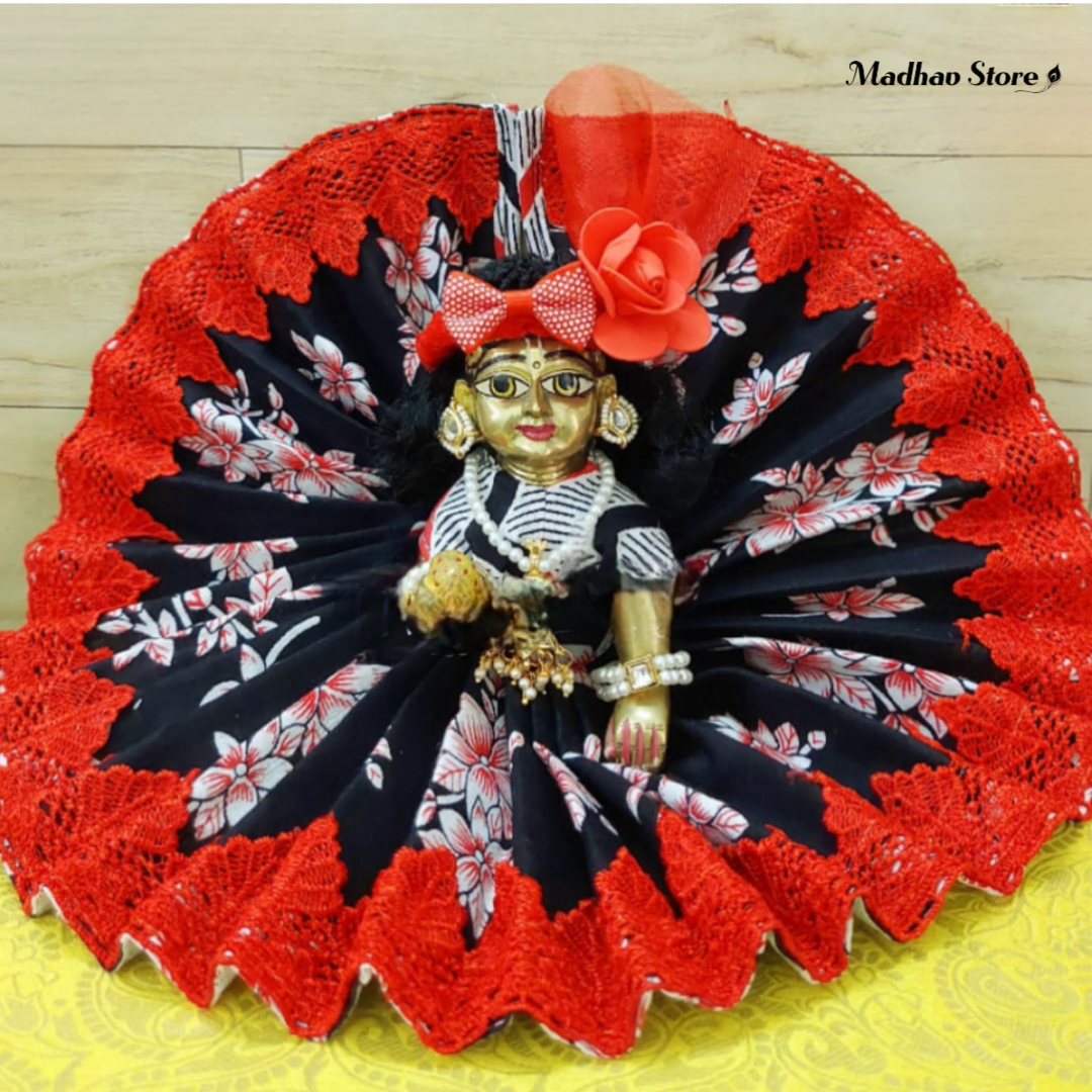 Red & Black Cotton Summer Dress with Tiara for Laddu Gopal