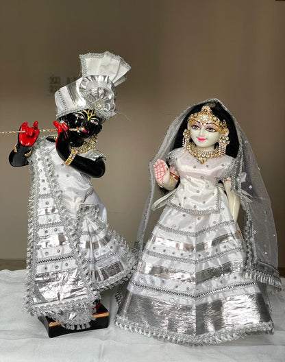 Chandra Vihar Silver Silk set | silk heavy dress for Radha Krishna with heavy Pagdi